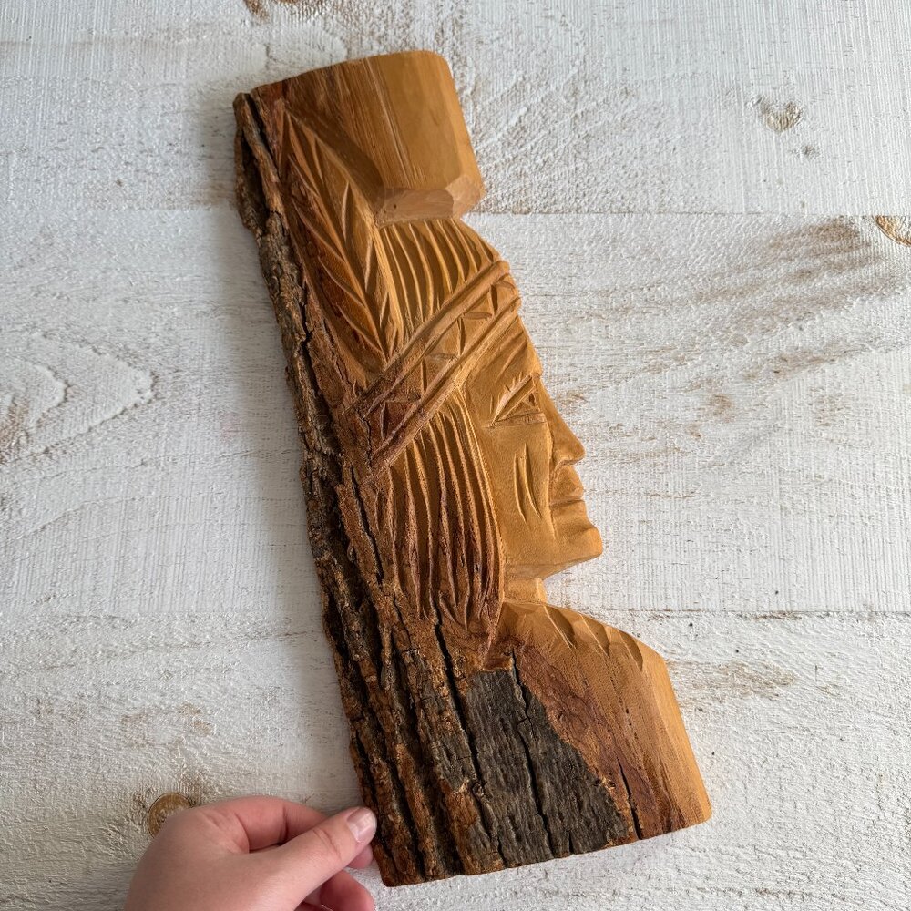 Vintage First Nations Folk Art Chief Bust Carved on Tree Log